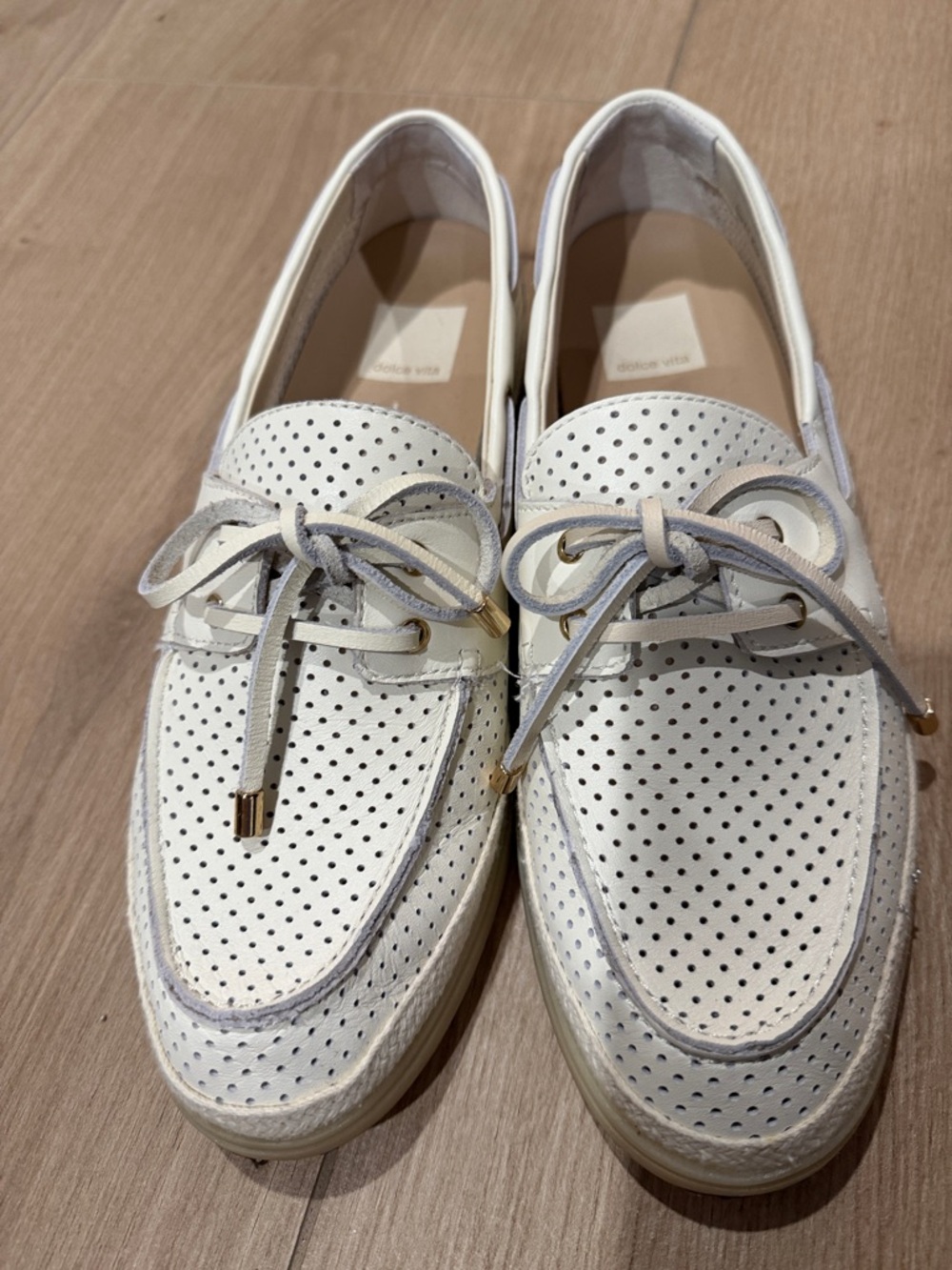 Dolce Vita White Perforated Leather Boat Loafers with Lace Detail